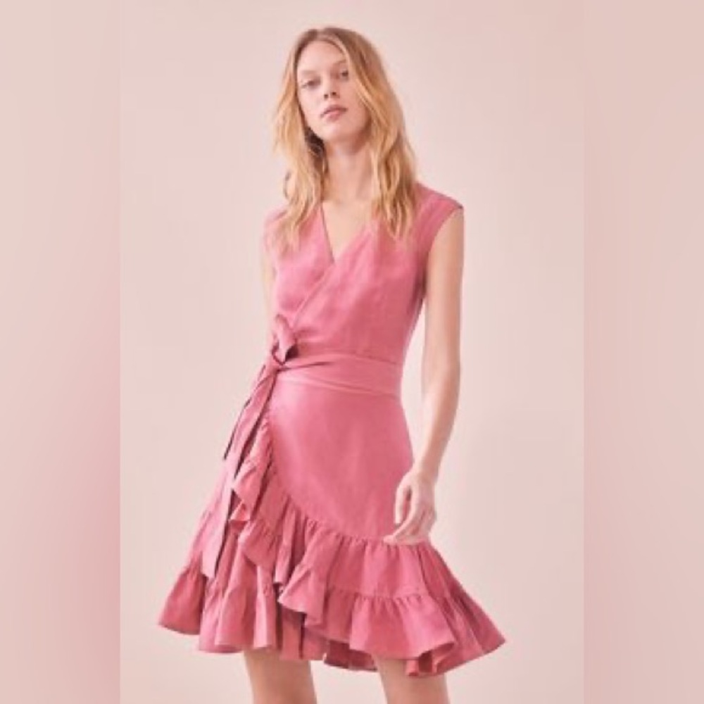 Rebecca Taylor Exclusive Pink Ruffled Sleeveless Wrap A Line Linen Dress size 4